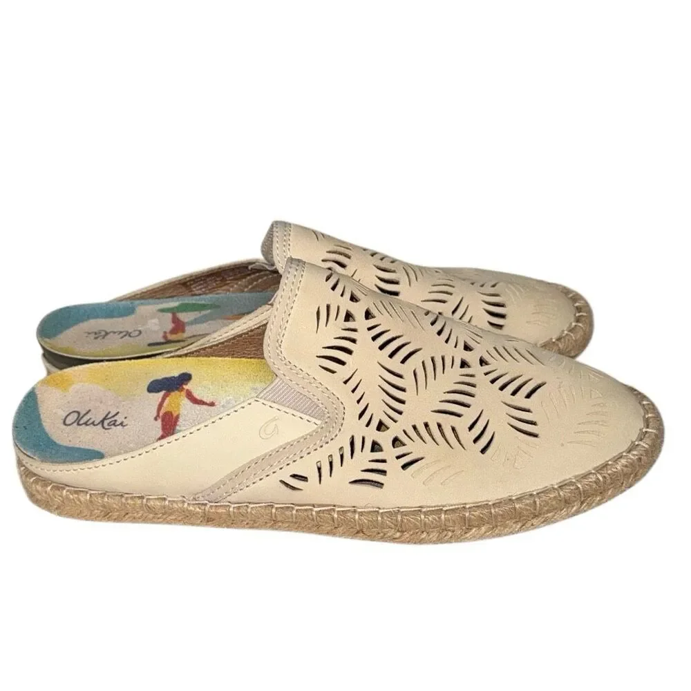 OluKai Cream Laser-Cut Leather Espadrille Mules